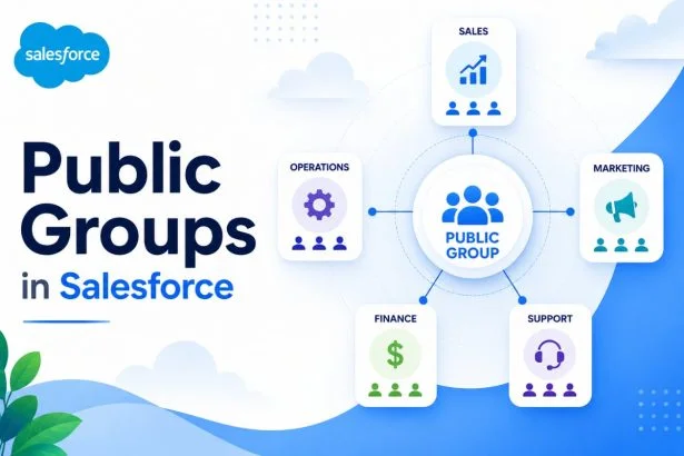Featured image for Public Groups in Salesforce article showing enterprise record-sharing collaboration workflow.