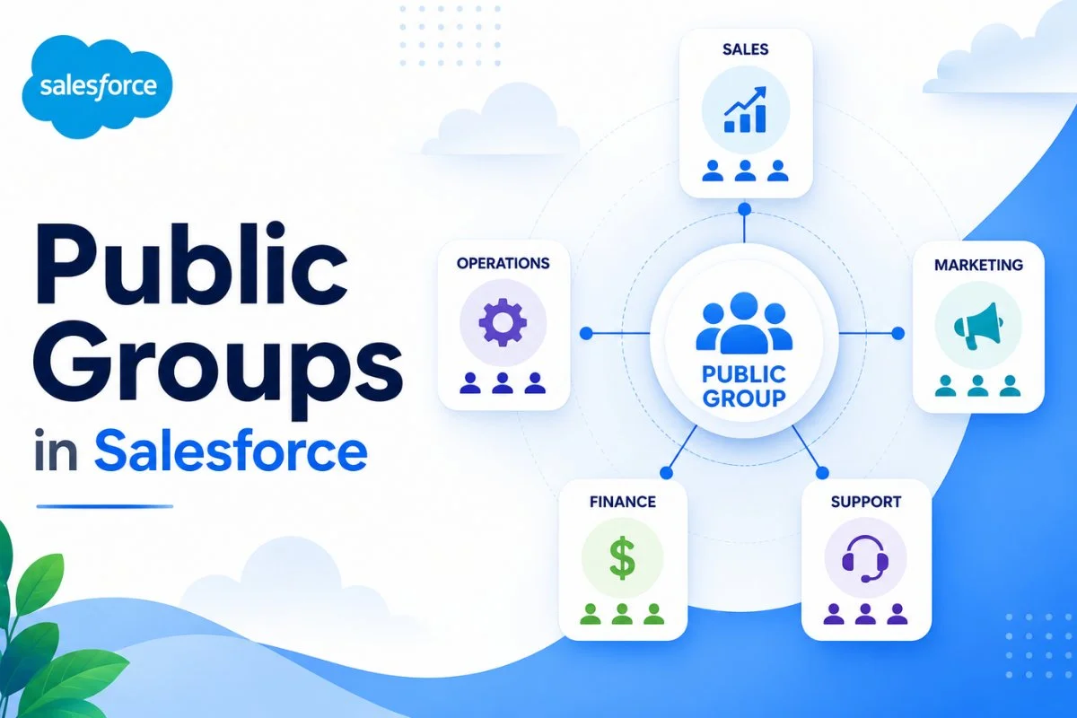 Featured image for Public Groups in Salesforce article showing enterprise record-sharing collaboration workflow.