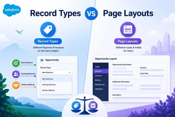 Featured image showing Salesforce Record Types vs Page Layouts comparison in modern CRM workflow style.