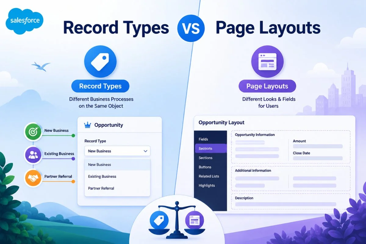 Featured image showing Salesforce Record Types vs Page Layouts comparison in modern CRM workflow style.